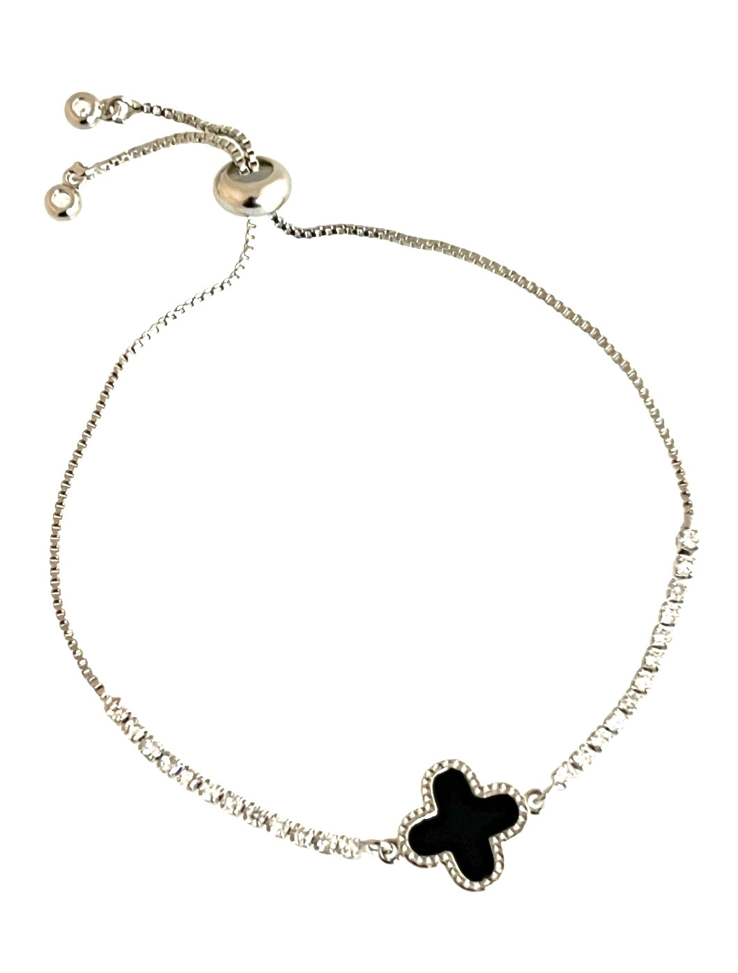 24/7 Wear Crystal Black Clover Stainless Steel Sliver Slider Bracelet