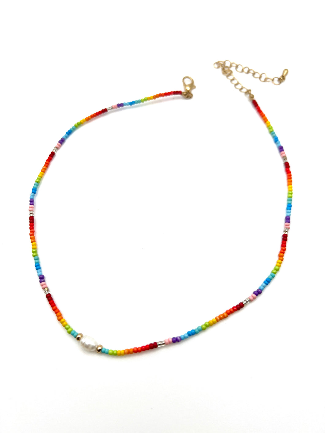 Multi Bright Colors Bead Necklace with Pearl Pendant