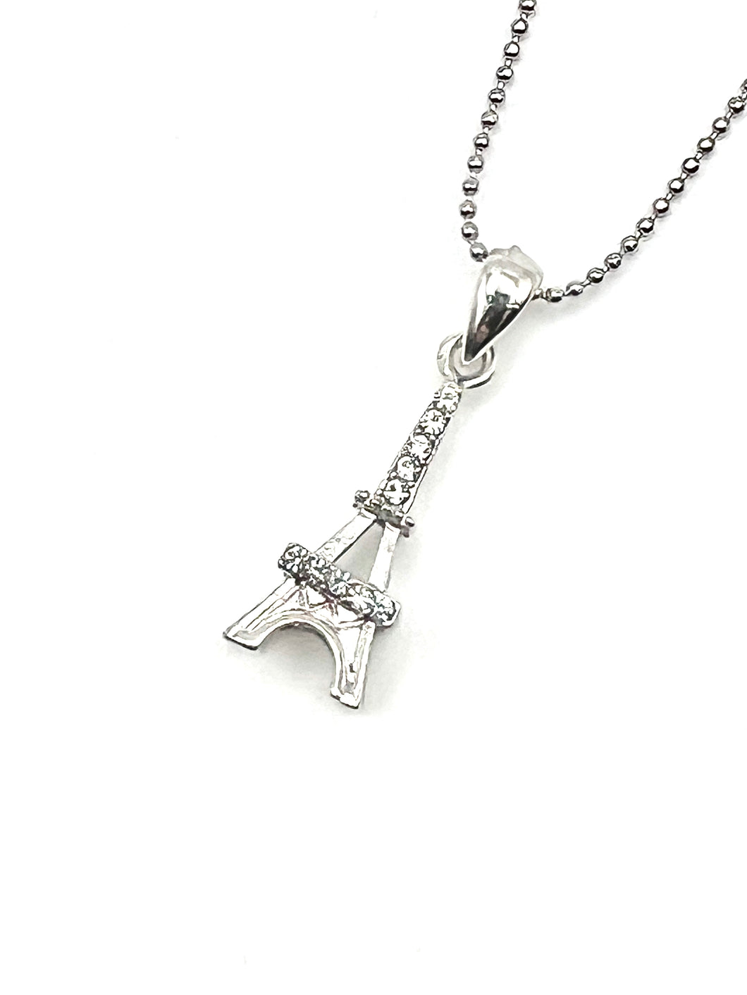 Eiffel Tower Silver Crystal Charm Necklace with 16 inch Ball Chain