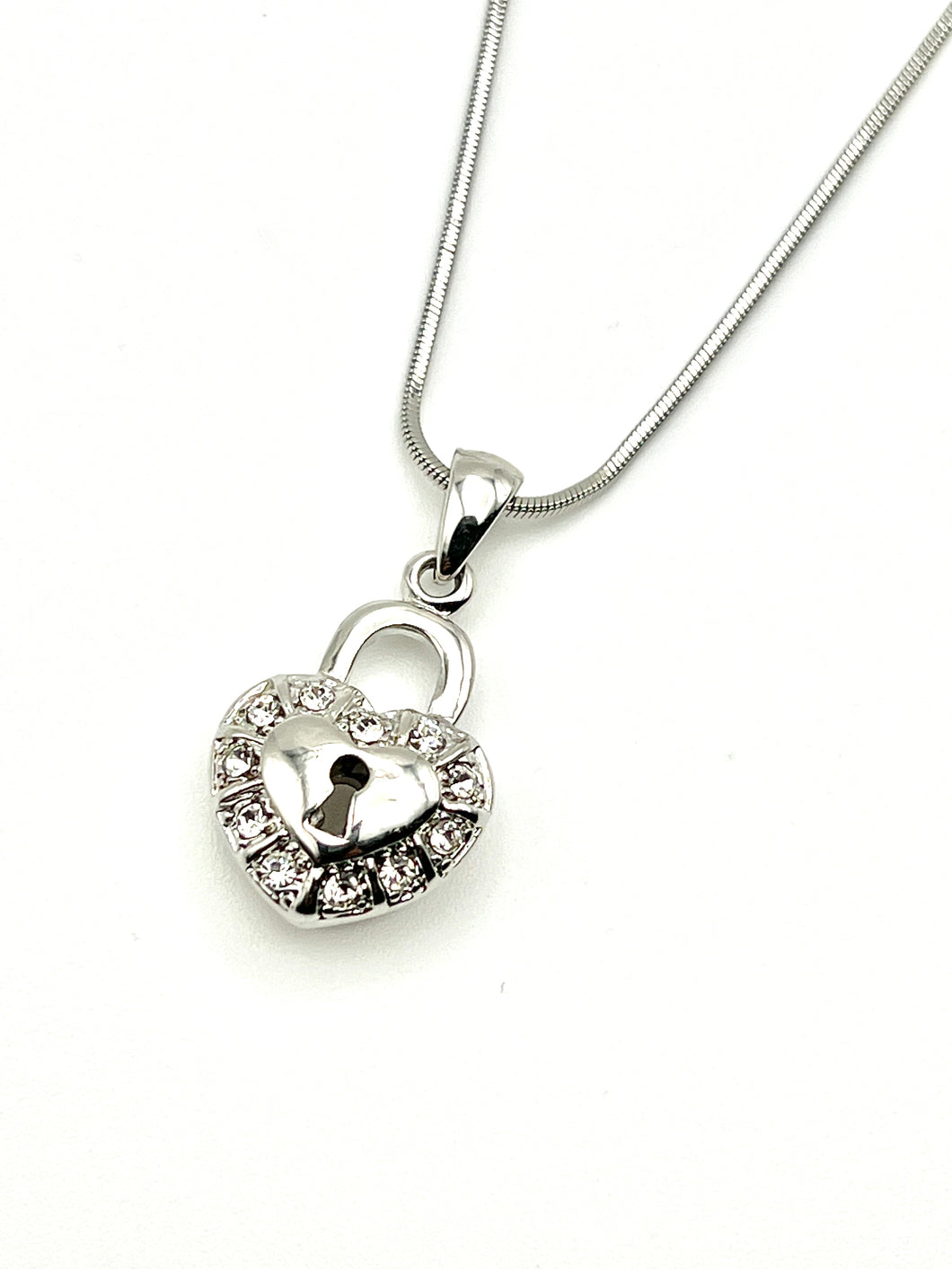 Heart Lock Silver Crystal Charm Necklace with 16 inch Serpentine Chain
