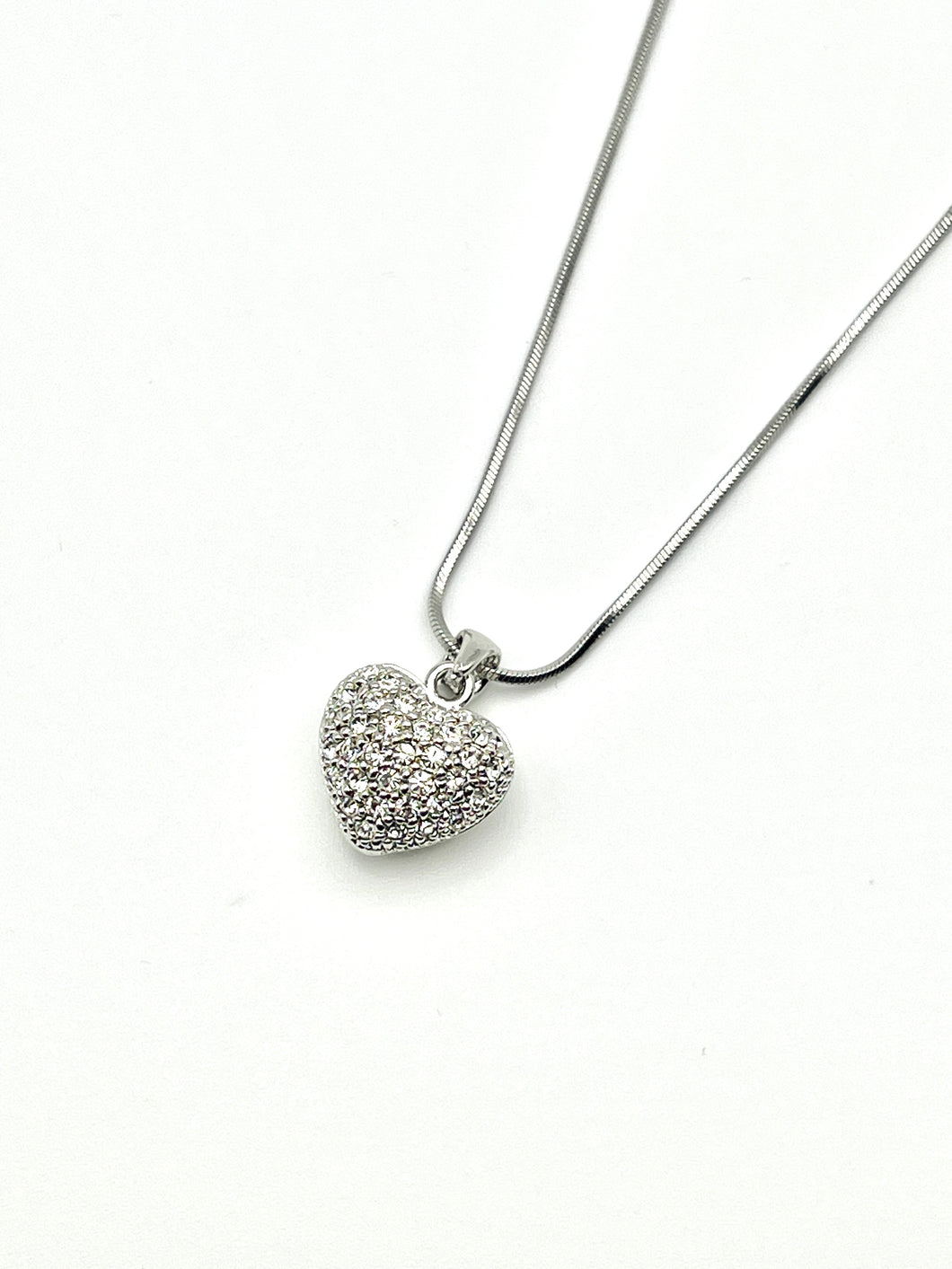 Large Heart Silver Crystal Charm Necklace with 16 inch Serpentine Chain