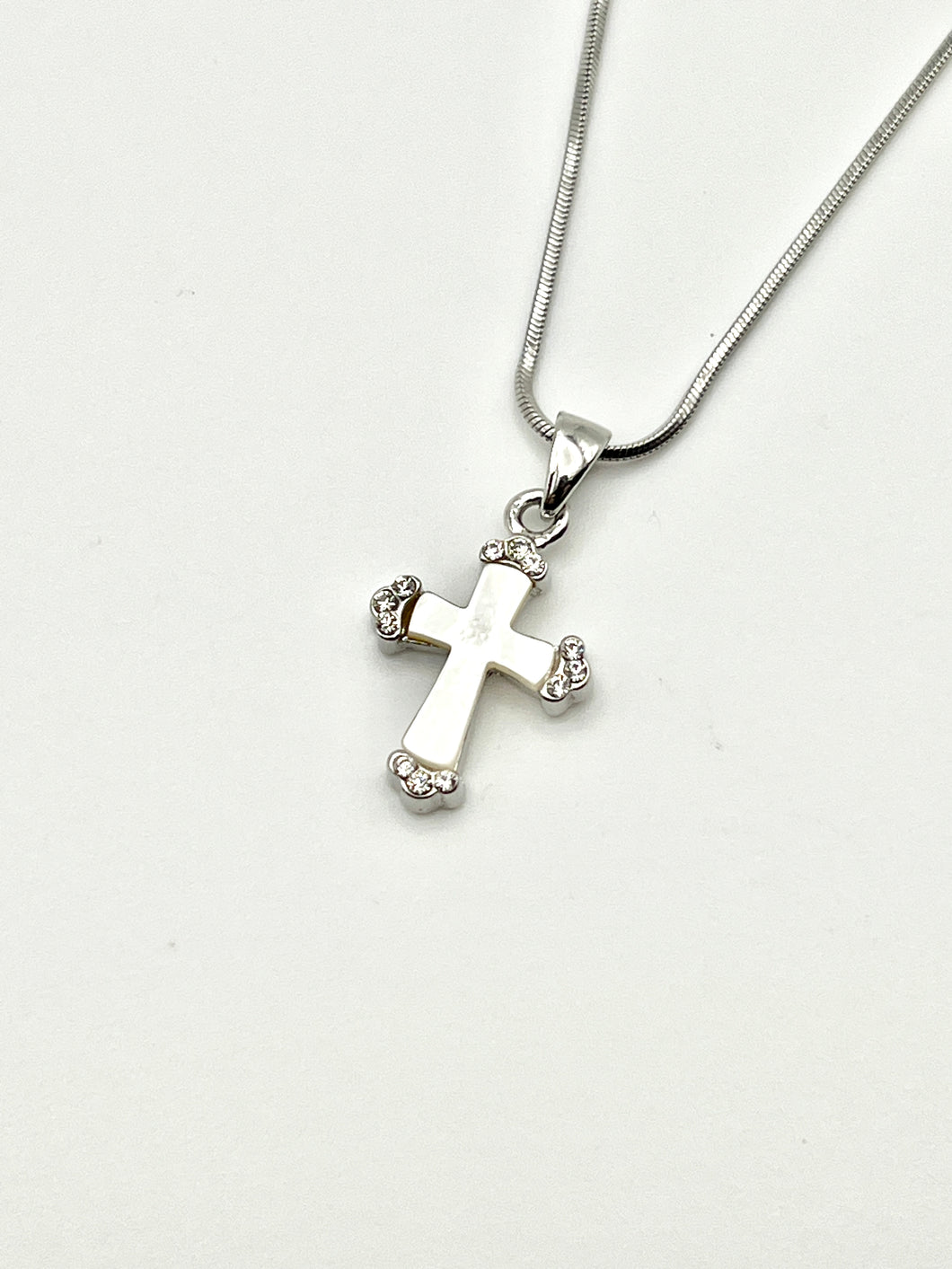 Mother of Pearl Cross Silver Crystal Charm Necklace with 16 inch Serpentine Chain