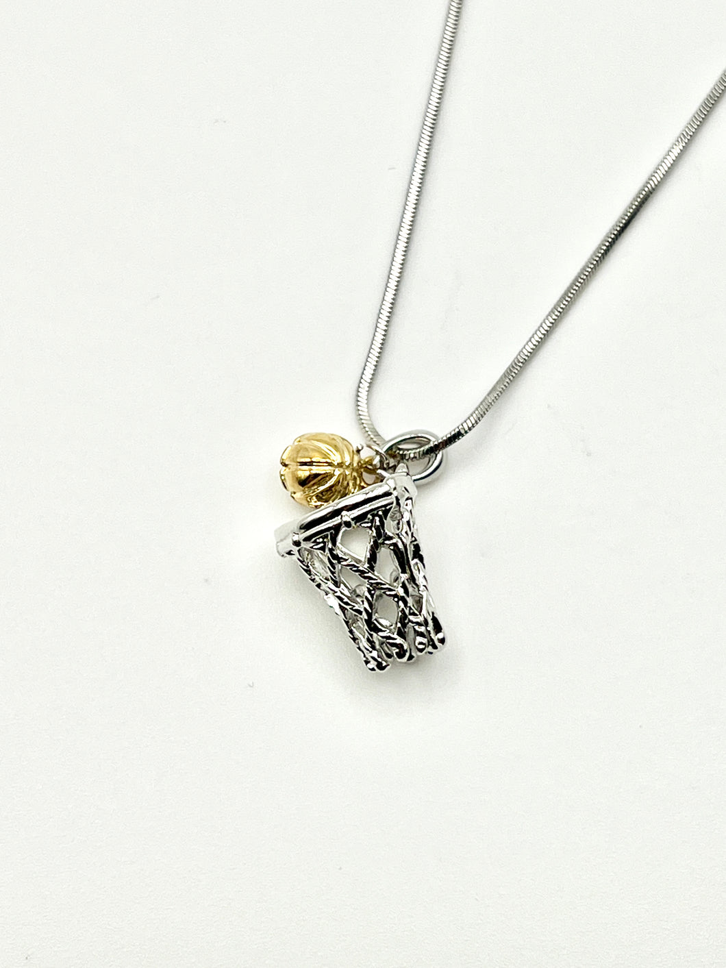 Basketball Hoop and Moveable Ball Silver Crystal Charm Necklace with 16 inch Serpentine Chain