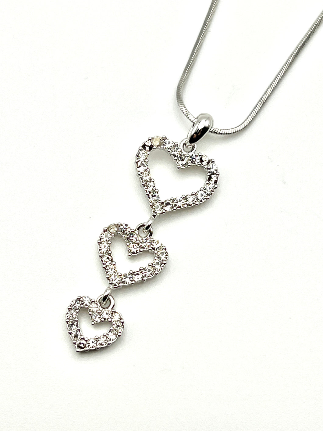 Triple Hearts Silver Crystal Charm Necklace with 16 inch Serpentine Chain