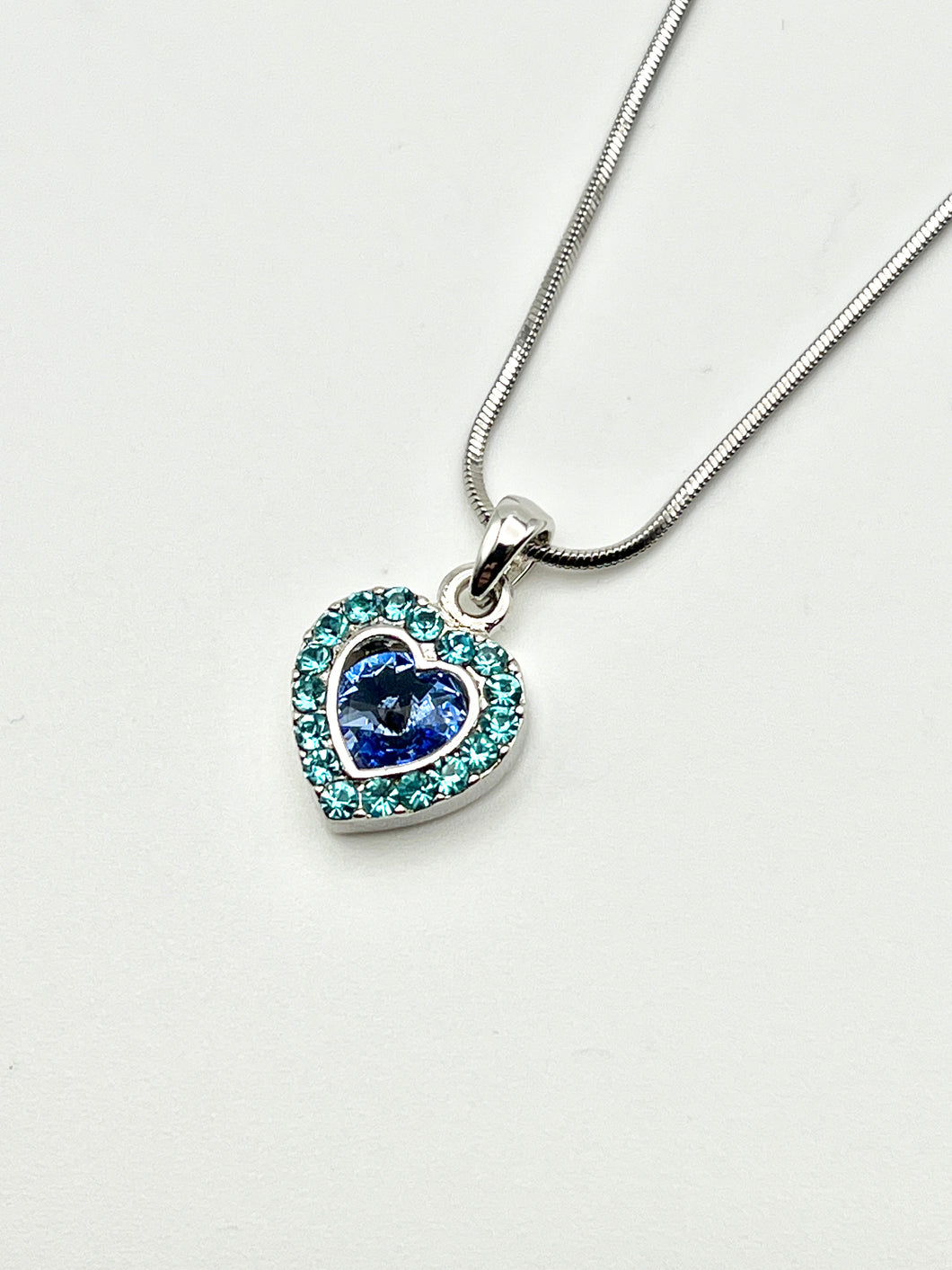 Blue Heart Silver Crystal Charm Necklace with 16 inch Serpentine Chain