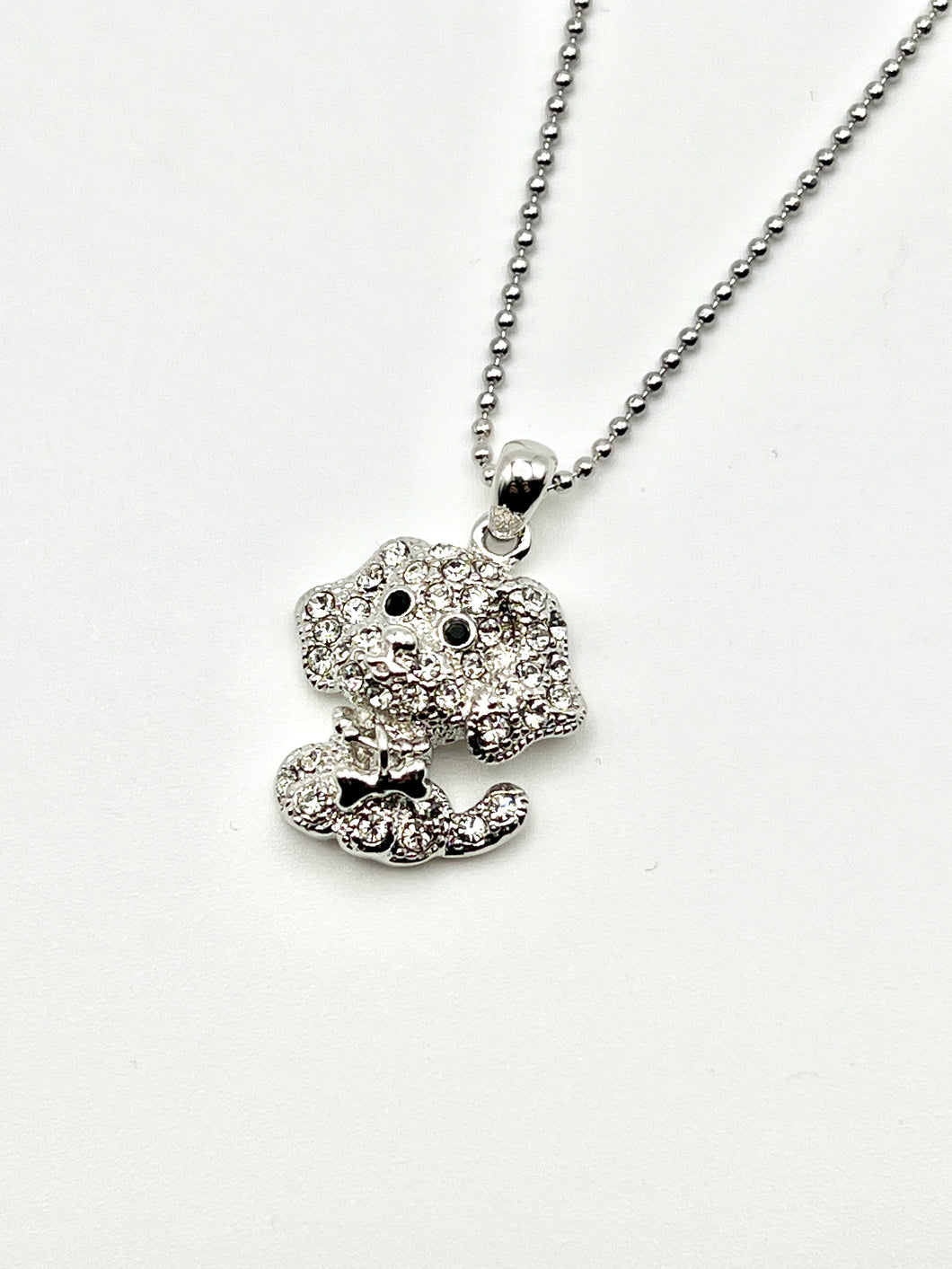 Bowtie Puppy Dog Silver Crystal Charm Necklace with 16 inch Ball Chain