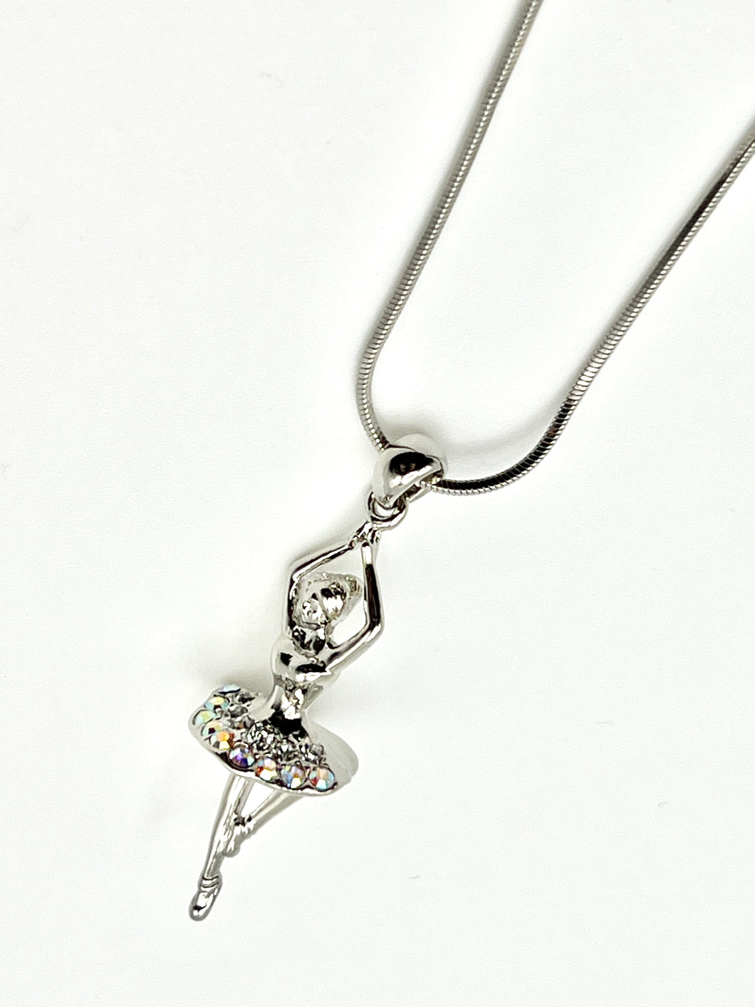 Ballerina Silver Crystal Charm Necklace with 16 inch Serpentine Chain