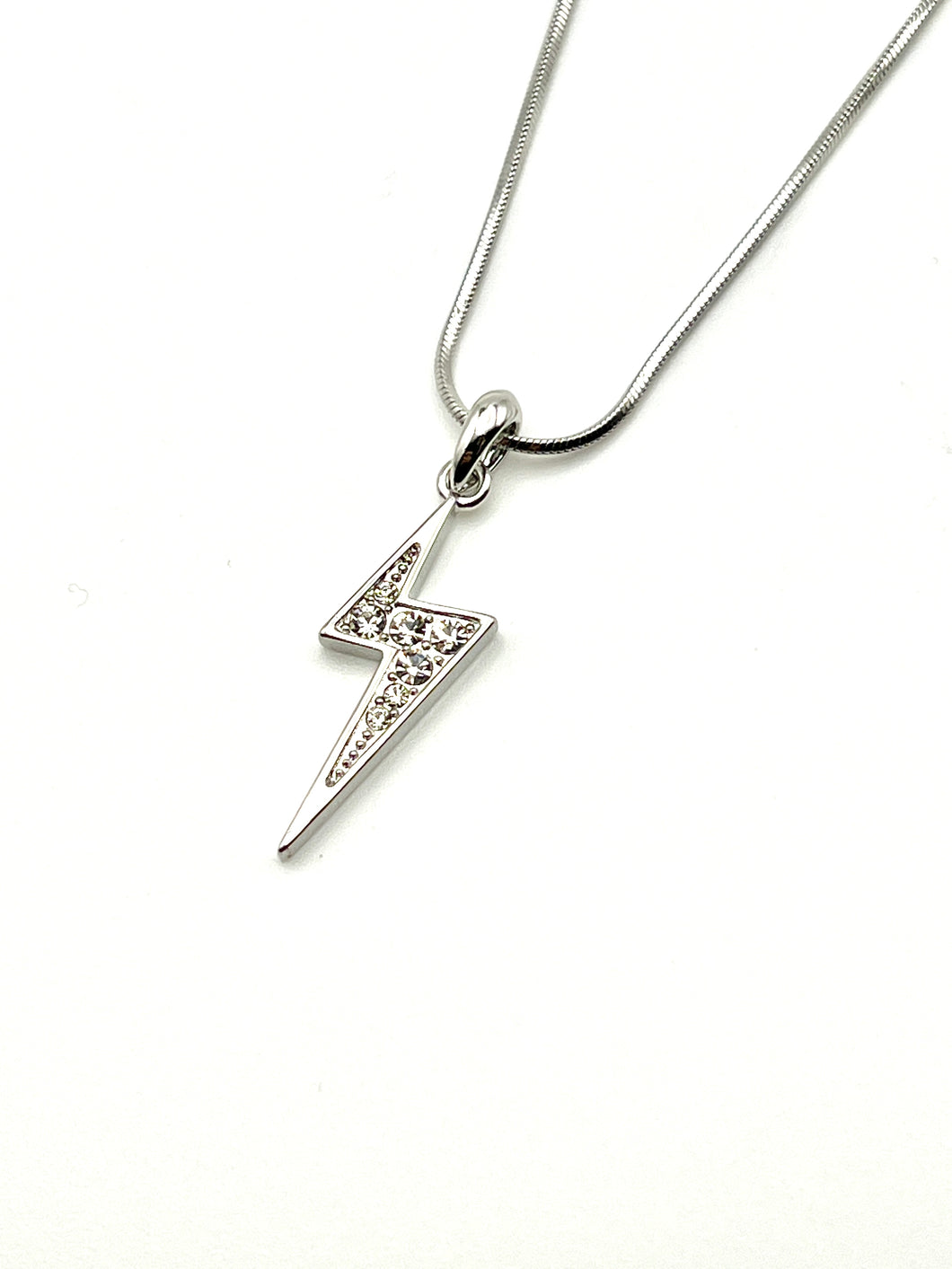 Lightning Bolt Silver Crystal Charm Necklace with 16 inch Serpentine Chain