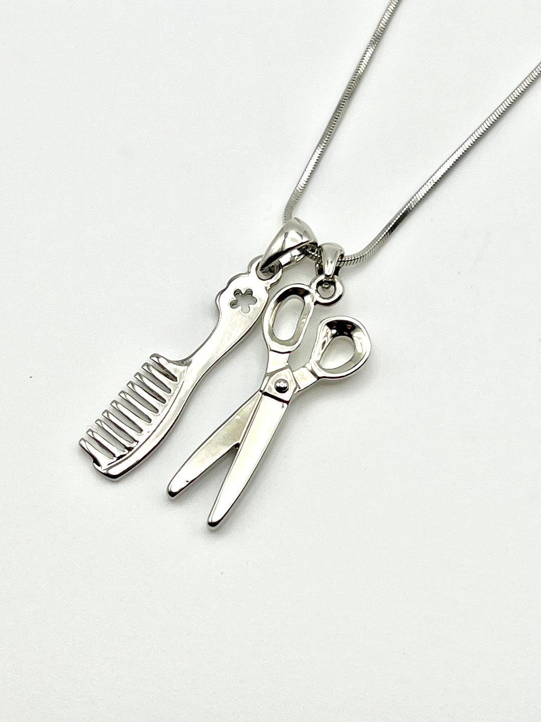 Comb and Scissors Silver Charm Necklace with 16 inch Serpentine Chain