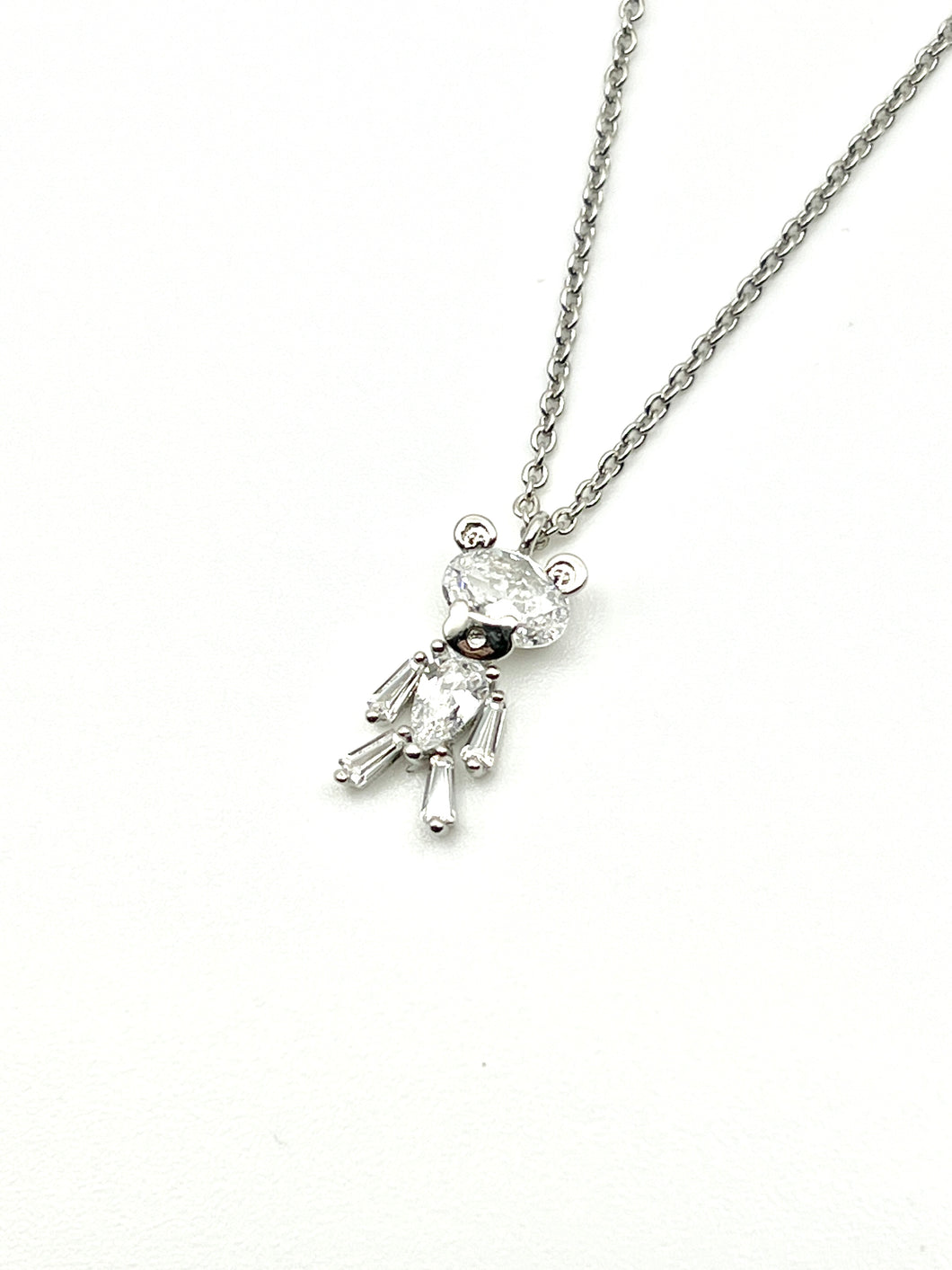Moveable Head Teddy Bear Silver Crystal Charm Necklace with 16 inch Cable Chain