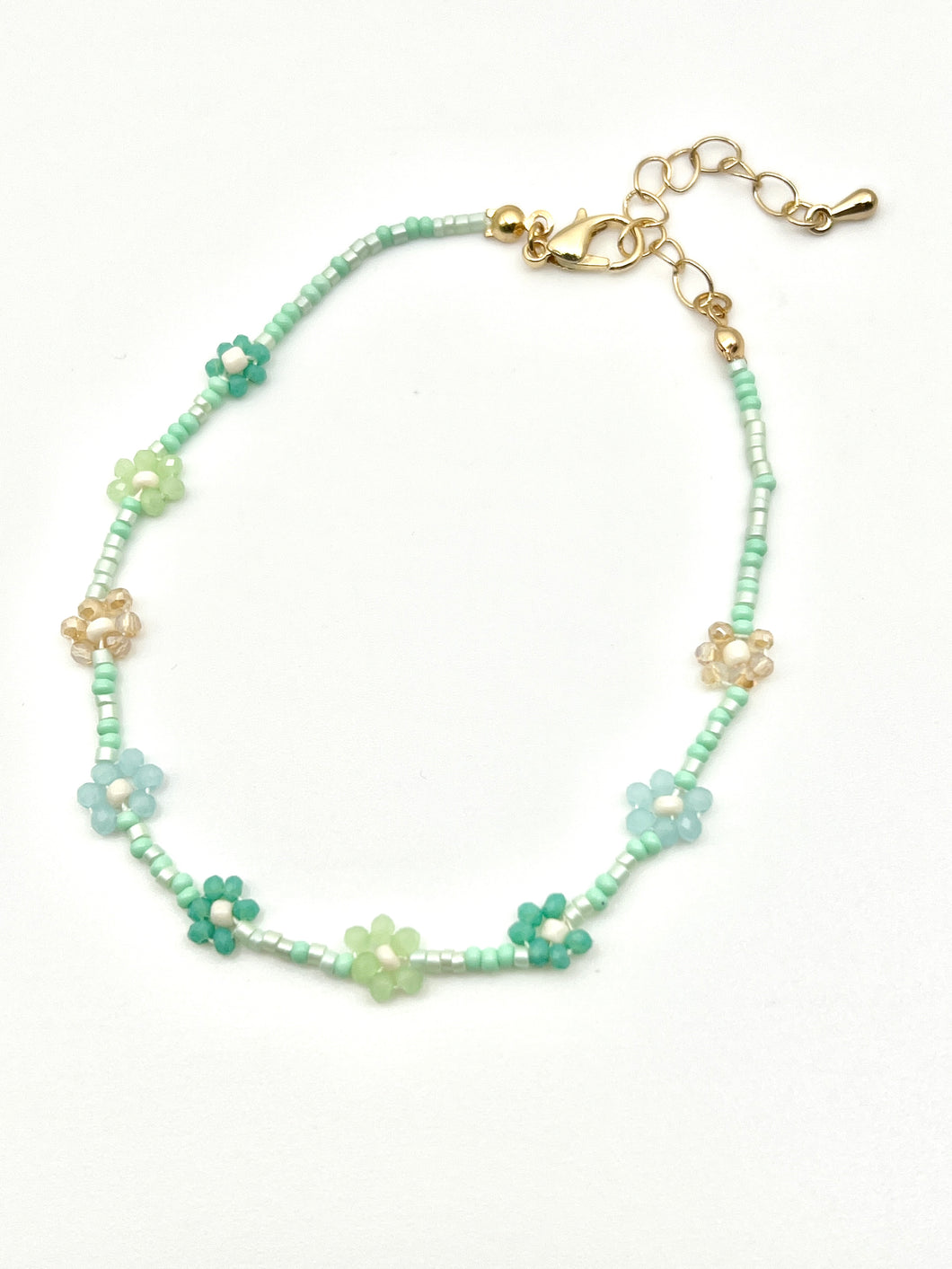 Mint Green Flower Bead and Gold Anklet