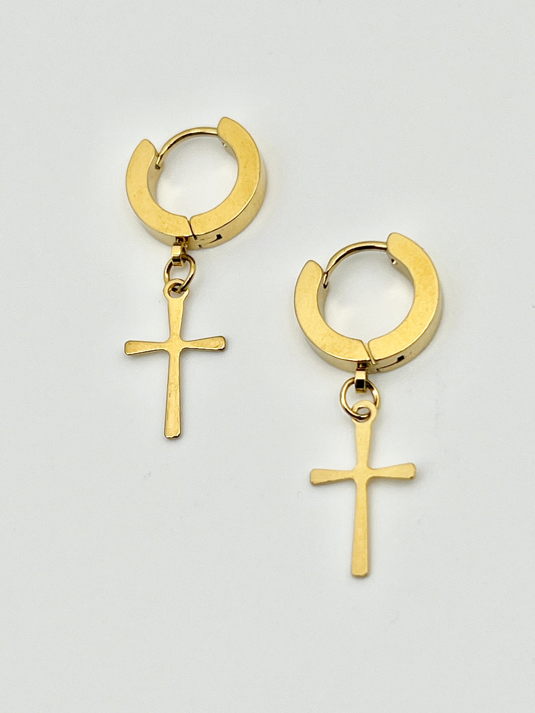 Gold Huggie Earrings with Cross Charm