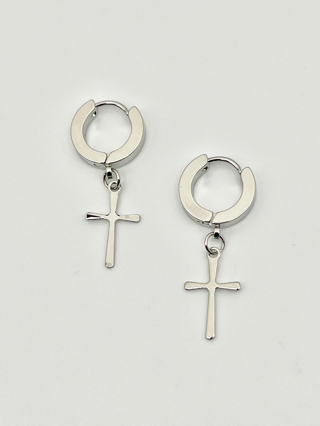 Silver Huggie Earrings with Cross Charm