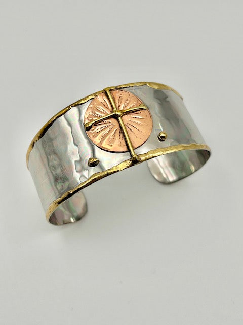 Cross on Copper Sun Artisan Mixed Metal Adjustable Cuff Bracelet
