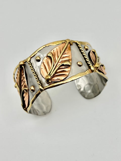 Framed Leaves Artisan Mixed Metal Adjustable Cuff Bracelet