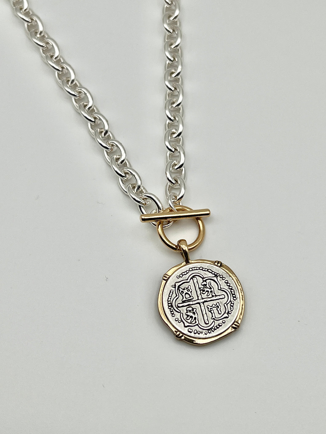 24/7 Wear Coin Pendant Two Tone Stainless Steel Necklace with 18