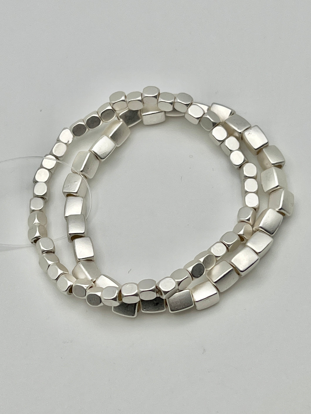 Matte Silver Square Bead Metal Bracelets set of 2