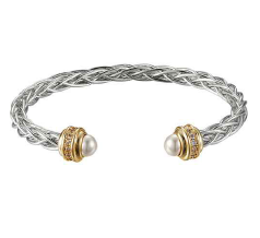 24/7 Wear Pearl CZ End Caps Two Tone Woven Stainless Steel Open Bangle