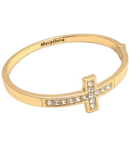 24/7 Wear Gold Cross Stainless Steel Bangle with Crystals and Clasp