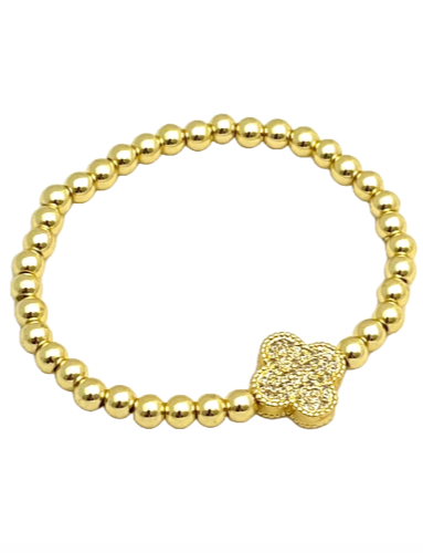 24/7 Wear Gold Clover Ball Chain Stainless Steel Stretch Bracelet