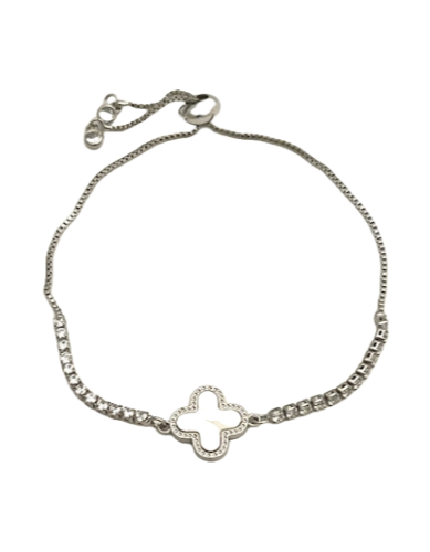 24/7 Wear Crystal and Mother of Pearl Clover Stainless Steel Silver Slider Bracelet