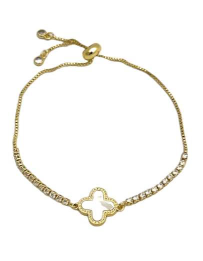 24/7 Wear Crystal and Mother of Pearl Clover Stainless Steel Gold Slider Bracelet
