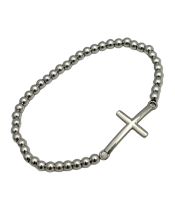 24/7 Wear Silver Cross and Ball Chain Stainless Steel Bracelet