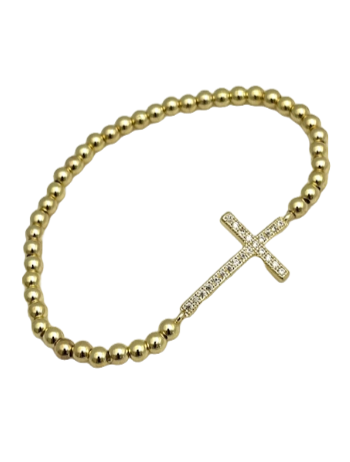 24/7 Wear Gold Crystal Cross Ball Chain Stainless Steel Stretch Bracelet
