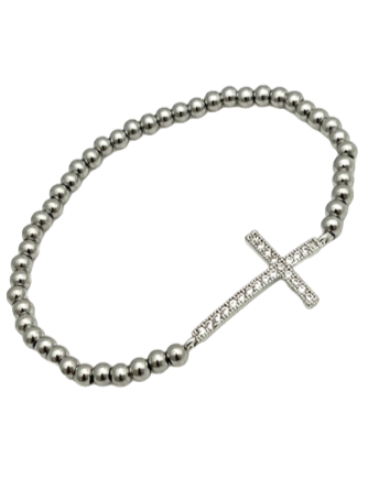 24/7 Wear Silver Crystal Cross and Ball Chain Stainless Steel Stretch Bracelet