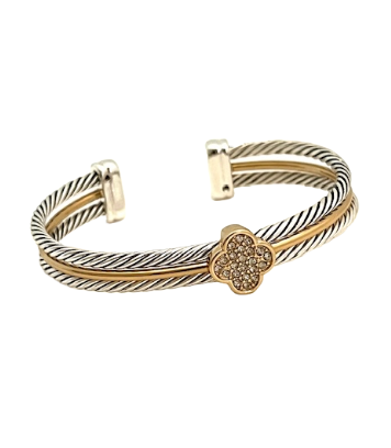 24/7 Wear Crystal Clover Two Tone Double Cable Stainless Steel Cuff