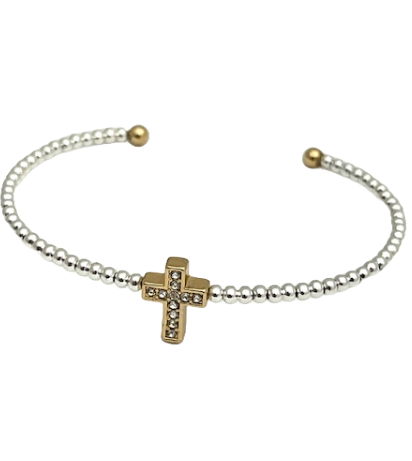 24/7 Wear Two Tone Stainless Steel Ball Bead Cuff with Crystal Cross