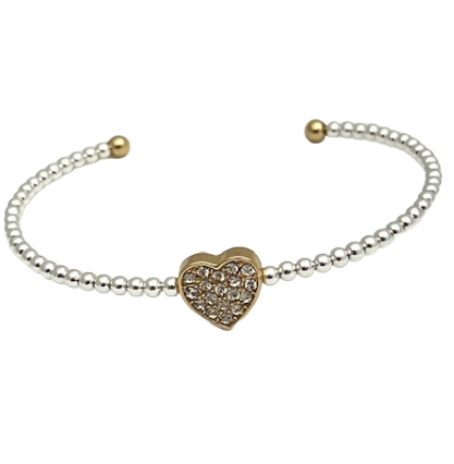 24/7 Wear Two Tone Stainless Steel Ball Bead Cuff with Crystal Heart