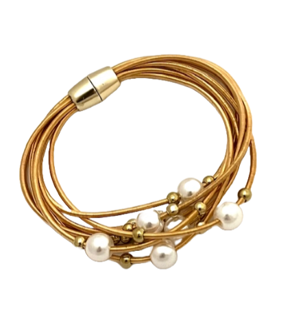 Gold Multi-strand Piano Wire and Pearls Magnetic Bracelet