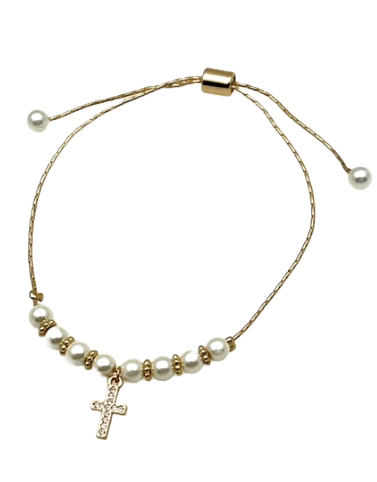 Cross Charm Pearl and Gold Adjustable Bracelet