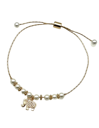 Elephant Charm Pearl and Gold Adjustable Bracelet