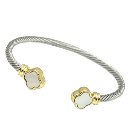 24/7 Wear Mother of Pearl Clover end caps Two Tone Cable Stainless Steel bracelet
