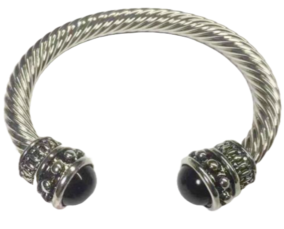 Black Stone end caps Silver Cable cuff bracelet