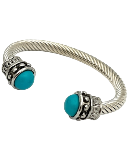 Turquoise end caps Silver Cable cuff bracelet