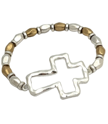 Silver Cross Pendant Two Tone Stretch Bracelet with Hammered Bead