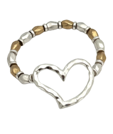 Silver Heart Pendant Two Tone Stretch Bracelet with Hammered Bead
