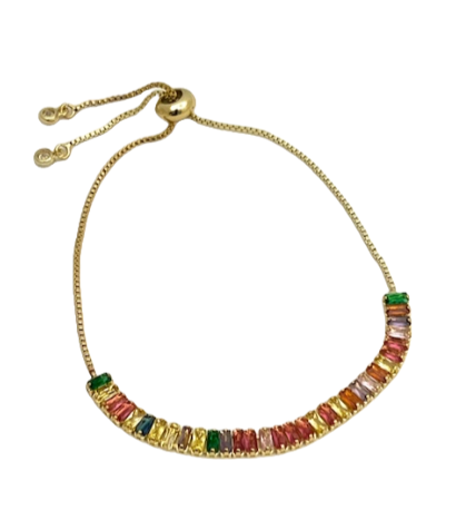 24/7 Wear Gold and Large CZ Crystal Stainless Steel Multicolor Tennis Slider Bracelet