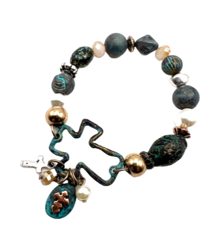 Cross Charms and Beads Patina Stretch Bracelet