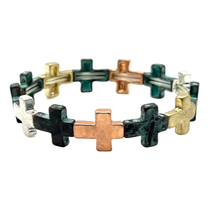 Patina Hammered Stretch Bracelet with 13 Small Crosses