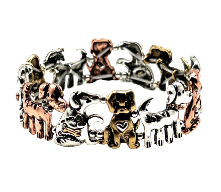 Dogs with Bones and Hearts Multi Metal Stretch Bracelet