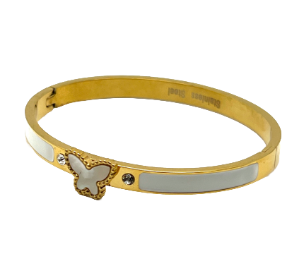 24/7 Wear - Gold Butterfly Bangle with Crystals and Clasp - Stainless Steel