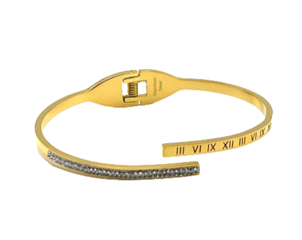 24/7 Wear - Gold Roman Numeral Bangle with Hinge and Crystal - Stainless Steel