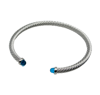 24/7 Wear Silver Cable with Blue Crystal End Caps - Stainless Steel bracelet