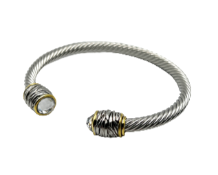 24/7 Wear Clear Stone Twine Wrap End Caps Two Tone Cable - Stainless Steel bracelet