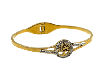 24/7 Wear Gold Tree of Life Crystal with Hinge Stainless Steel Stretch Bracelet