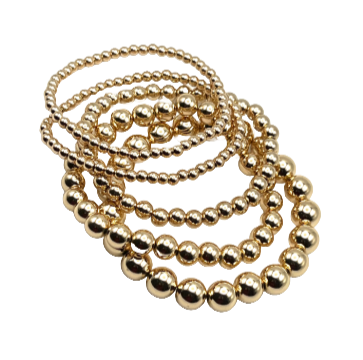 Stack of Gold Stretch Beaded Bracelets - Set of 5 with 3 bead sizes